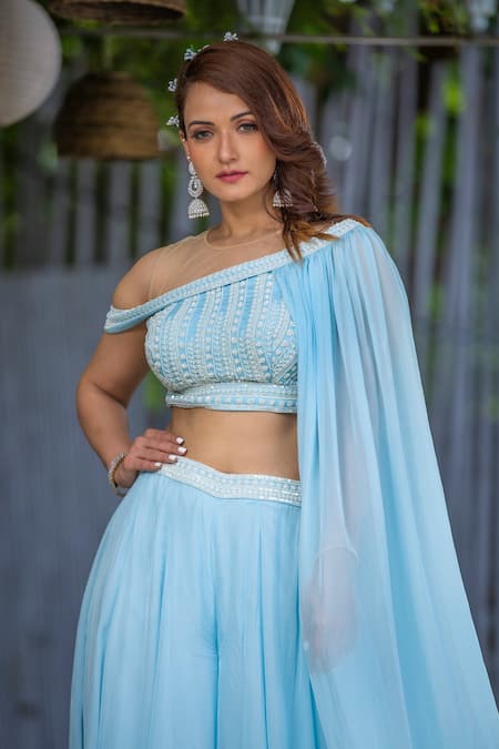Buy Kanj By Priyanka A Sakhuja Blue Silk Tabby Sequin, Thread And Bead Work Bless Cape Blouse & Sharara Set Online at Aza Fashions Buy_Kanj By Priyanka A Sakhuja_Blue Silk Tabby Sequin, Thread And Bead Work Bless Cape Blouse & Sharara Set _Online_at_Aza_Fashions