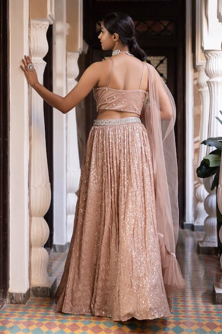 Shop_Basanti - Kapde Aur Koffee_Pink Georgette, Dupatta Soft Net Mirror, Sequins Embroidered Bridal Lehenga Set _at_Aza_Fashions
