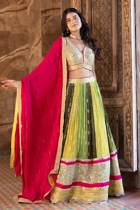 Basanti - Kapde Aur Koffee Green Georgette Mirror, Sequins V Neck Embroidered Bridal Lehenga Set Online at Aza Fashions Basanti - Kapde Aur Koffee_Green Georgette Mirror, Sequins V Neck Embroidered Bridal Lehenga Set_Online_at_Aza_Fashions