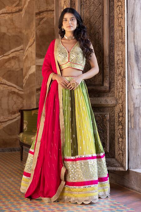 Buy Basanti - Kapde Aur Koffee Green Georgette Mirror, Sequins V Neck Embroidered Bridal Lehenga Set Online at Aza Fashions Buy_Basanti - Kapde Aur Koffee_Green Georgette Mirror, Sequins V Neck Embroidered Bridal Lehenga Set_Online_at_Aza_Fashions