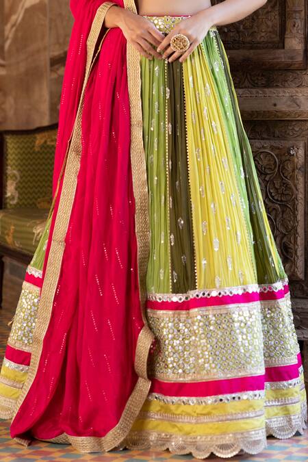 Basanti - Kapde Aur Koffee Green Georgette Mirror, Sequins V Neck Embroidered Bridal Lehenga Set at Aza Fashions Basanti - Kapde Aur Koffee_Green Georgette Mirror, Sequins V Neck Embroidered Bridal Lehenga Set_at_Aza_Fashions