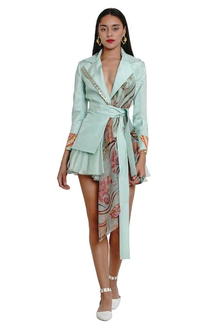 Limerick By Abirr N' Nanki_Green Organza, Habutai Silk Lapel Printed Wrap Jacket_Online_at_Aza_Fashions