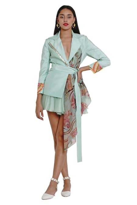 Buy_Limerick By Abirr N' Nanki_Green Organza, Habutai Silk Lapel Printed Wrap Jacket_Online_at_Aza_Fashions
