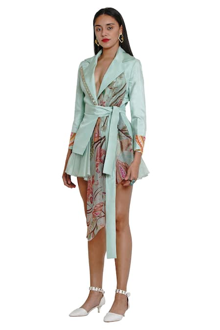 Shop_Limerick By Abirr N' Nanki_Green Organza, Habutai Silk Lapel Printed Wrap Jacket_Online_at_Aza_Fashions