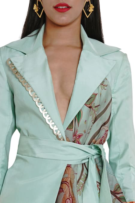 Limerick By Abirr N' Nanki_Green Organza, Habutai Silk Lapel Printed Wrap Jacket_at_Aza_Fashions