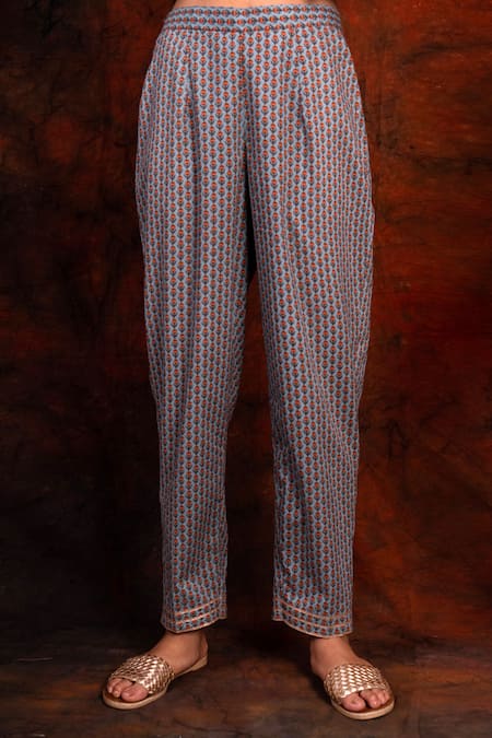 Tashee_Blue Cotton Round Block Print Kurta And Pant Set  _at_Aza_Fashions