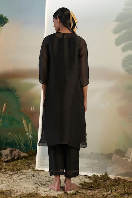 Shop Febo6 Black Silk Organza Floral, Zari Round Kurta Set at Aza Fashions Shop_Febo6_Black Silk Organza Floral, Zari Round Kurta Set _at_Aza_Fashions