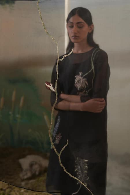 Shop Febo6 Black Silk Organza Floral, Zari Round Kurta Set Online at Aza Fashions Shop_Febo6_Black Silk Organza Floral, Zari Round Kurta Set _Online_at_Aza_Fashions