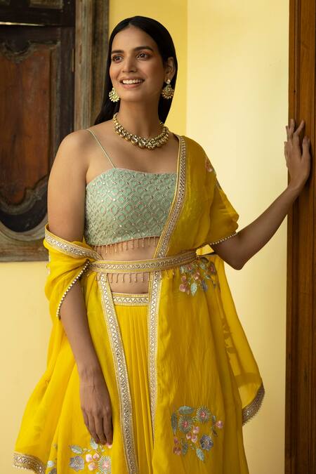 Basanti - Kapde Aur Koffee_Yellow Georgette Floral Open Embroidered Cape Lehenga Set_Online_at_Aza_Fashions