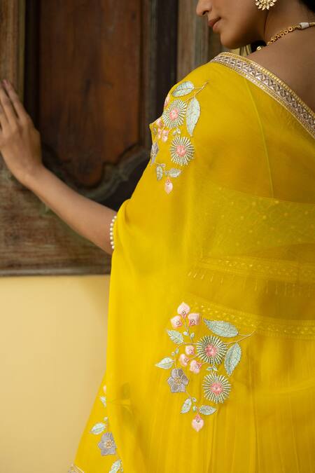 Shop_Basanti - Kapde Aur Koffee_Yellow Georgette Floral Open Embroidered Cape Lehenga Set_Online_at_Aza_Fashions