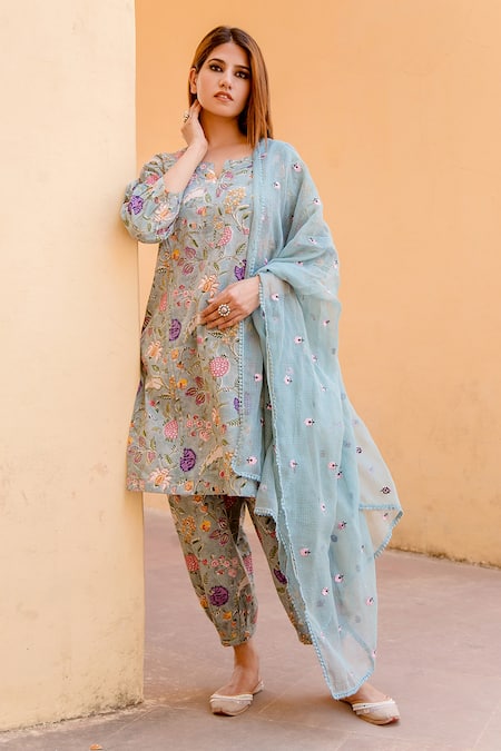 Gulabo Jaipur Blue Cotton Printed Floral Notched Kurta Set