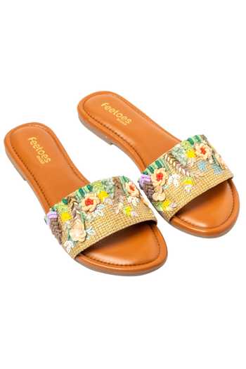Feetoes Shoes_Beige Floral Embroidered Sliders_Online_at_Aza_Fashions