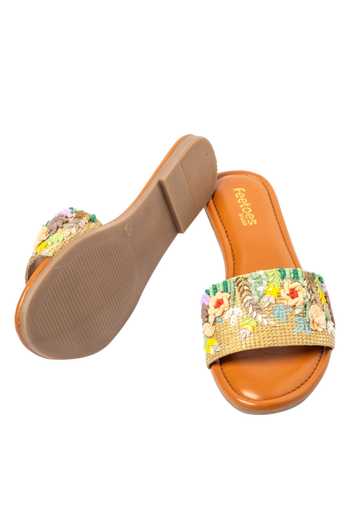 Buy_Feetoes Shoes_Beige Floral Embroidered Sliders_Online_at_Aza_Fashions
