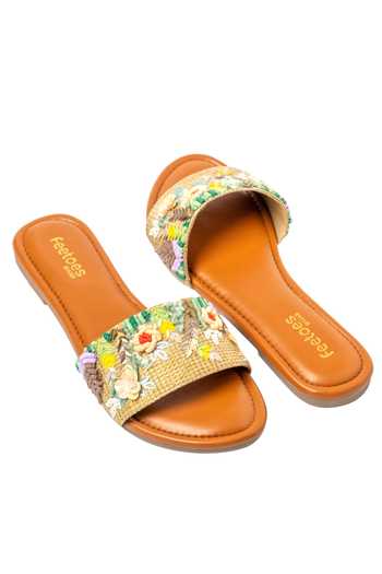 Shop_Feetoes Shoes_Beige Floral Embroidered Sliders_Online_at_Aza_Fashions