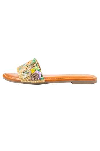 Feetoes Shoes_Beige Floral Embroidered Sliders_at_Aza_Fashions