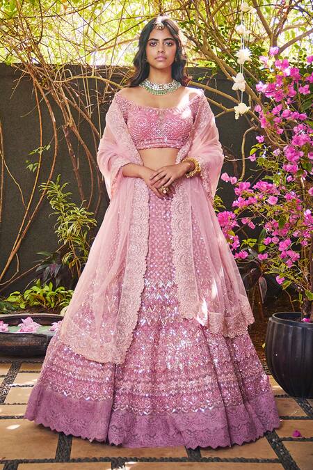 Buy Light Pink Lehenga And Crop Top Set In Cut Dana Embroidery