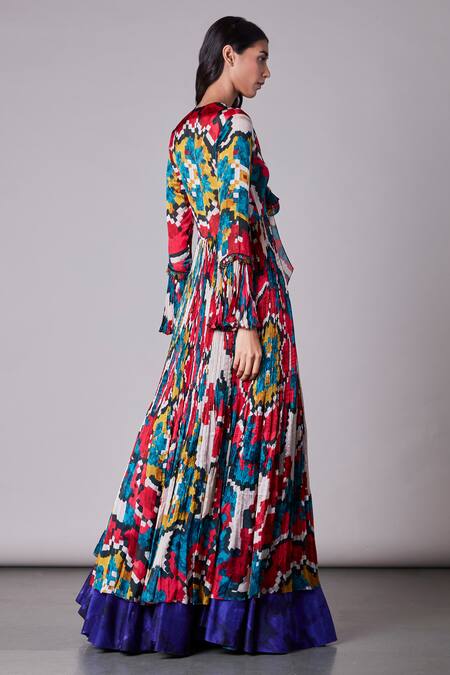 Shop Saaksha & Kinni Multi Color Chiffon, Cotton Silk V Neck Ikat Print Knot Blouse at Aza Fashions Shop_Saaksha & Kinni_Multi Color Chiffon, Cotton Silk V Neck Ikat Print Knot Blouse _at_Aza_Fashions