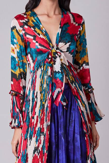 Saaksha & Kinni Multi Color Chiffon, Cotton Silk V Neck Ikat Print Knot Blouse Online at Aza Fashions Saaksha & Kinni_Multi Color Chiffon, Cotton Silk V Neck Ikat Print Knot Blouse _Online_at_Aza_Fashions