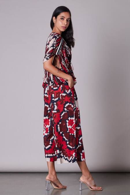 Shop_Saaksha & Kinni_Multi Color Cotton Silk Embroidery Round Ikat Print Kaftan Blouse _at_Aza_Fashions
