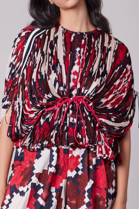 Saaksha & Kinni_Multi Color Cotton Silk Embroidery Round Ikat Print Kaftan Blouse _Online_at_Aza_Fashions