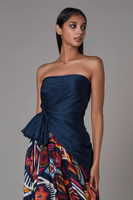 Saaksha & Kinni_Blue Cotton Silk Square Neck Peplum Style Strapless Blouse_Online_at_Aza_Fashions