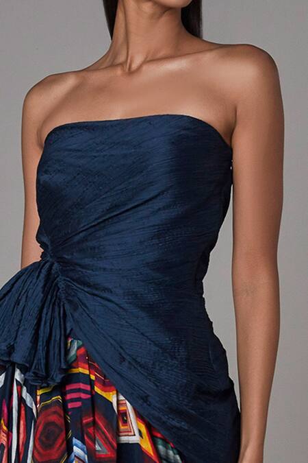 Buy_Saaksha & Kinni_Blue Cotton Silk Square Neck Peplum Style Strapless Blouse_Online_at_Aza_Fashions