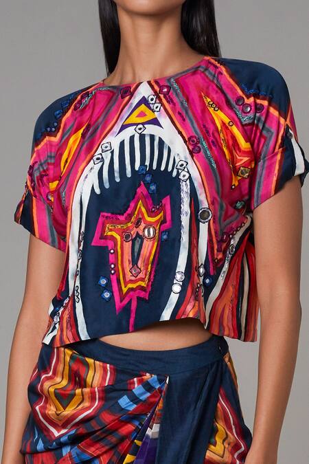 Buy_Saaksha & Kinni_Multi Color Satin And Cotton Silk Abstract Print, Mirror & Thread Round Blouse _Online_at_Aza_Fashions