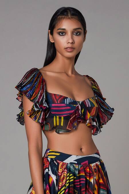 Buy_Saaksha & Kinni_Multi Color Chiffon And Satin Abstract Print Sweetheart Neck Blouse_Online_at_Aza_Fashions