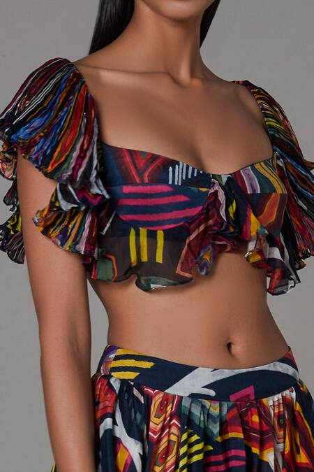 Shop_Saaksha & Kinni_Multi Color Chiffon And Satin Abstract Print Sweetheart Neck Blouse_Online_at_Aza_Fashions