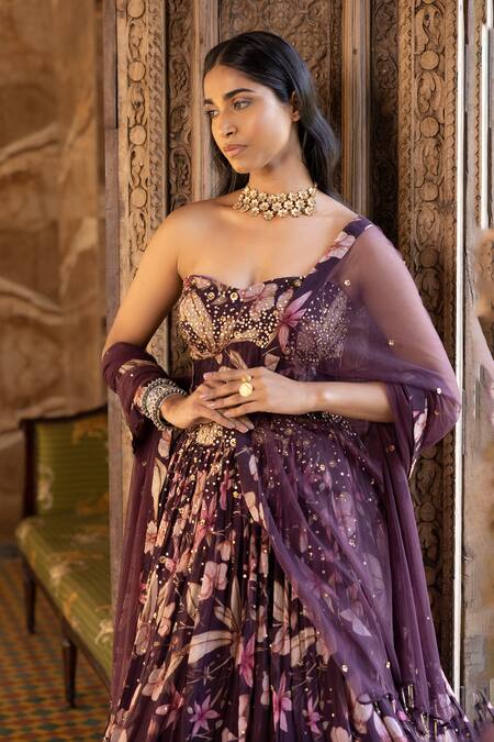 Basanti - Kapde Aur Koffee Wine Viscose Organza, Dupatta Soft Net Floral Pattern Print Corset Lehenga Set Online at Aza Fashions Basanti - Kapde Aur Koffee_Wine Viscose Organza, Dupatta Soft Net Floral Pattern Print Corset Lehenga Set_Online_at_Aza_Fashions