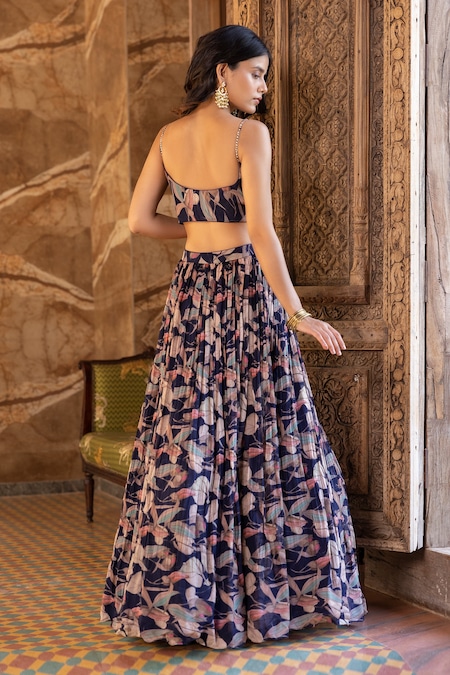 Basanti - Kapde Aur Koffee_Blue Viscose Organza, Dupatta Soft Net Floral Pattern Print Corset Lehenga Set _Online_at_Aza_Fashions