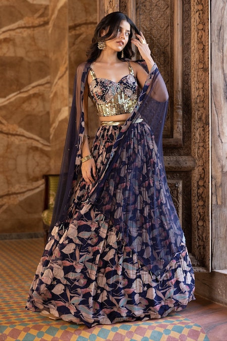 Buy_Basanti - Kapde Aur Koffee_Blue Viscose Organza, Dupatta Soft Net Floral Pattern Print Corset Lehenga Set _Online_at_Aza_Fashions