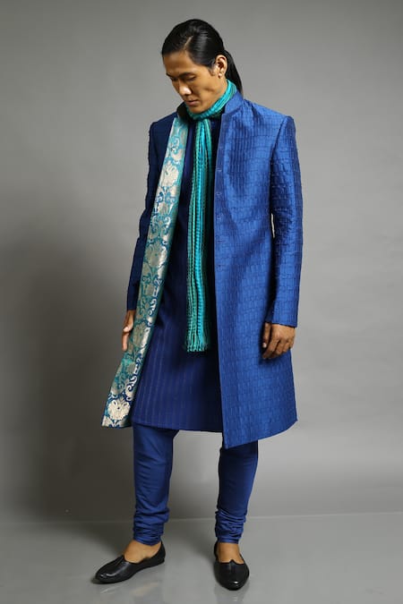 Buy_Abhishek Gupta_Blue Chanderi Textured Bandhgala _Online_at_Aza_Fashions