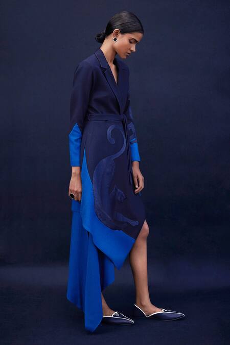 Ampm_Blue Wool 140gm Cord Work Notched Lapel Collar Astrid Leopard Asymmetric Jacket_Online_at_Aza_Fashions