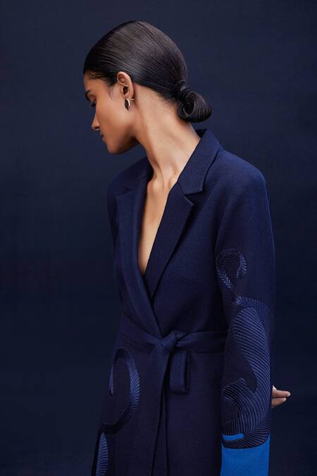Buy_Ampm_Blue Wool 140gm Cord Work Notched Lapel Collar Astrid Leopard Asymmetric Jacket_Online_at_Aza_Fashions