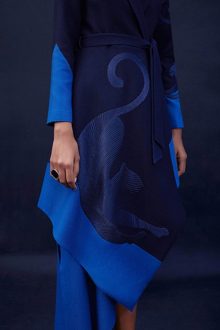 Shop_Ampm_Blue Wool 140gm Cord Work Notched Lapel Collar Astrid Leopard Asymmetric Jacket_Online_at_Aza_Fashions