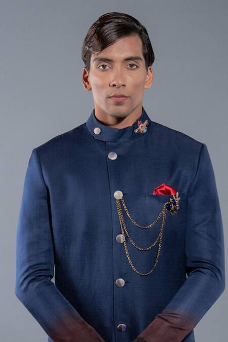 More Mischief_Blue Silk, Linen Ombre Sherwani_Online_at_Aza_Fashions