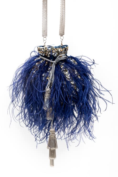 Shop SG Collection By Sonia Gulrajani Blue Feathers Papillion Velvet Embroidered Potli Bag at Aza Fashions Shop_SG Collection By Sonia Gulrajani_Blue Feathers Papillion Velvet Embroidered Potli Bag _at_Aza_Fashions