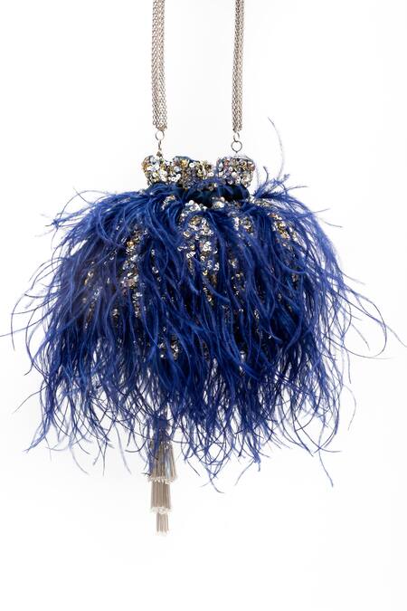 SG Collection By Sonia Gulrajani Blue Feathers Papillion Velvet Embroidered Potli Bag Online at Aza Fashions SG Collection By Sonia Gulrajani_Blue Feathers Papillion Velvet Embroidered Potli Bag _Online_at_Aza_Fashions