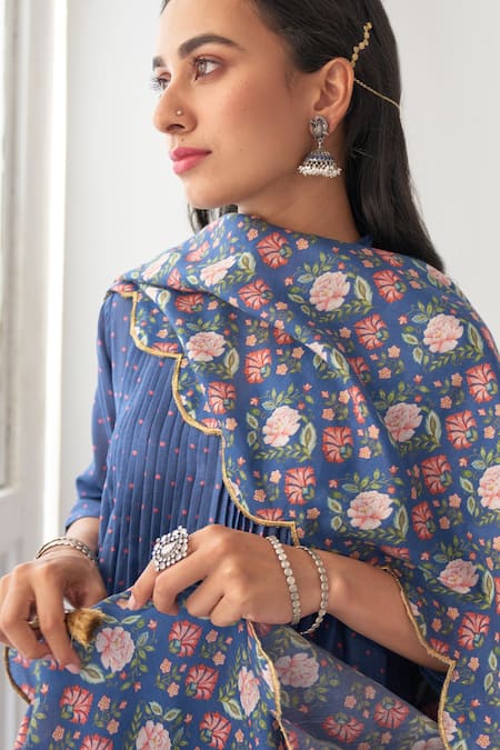 Negra Elegante_Blue Chanderi, Cotton Silk Digital Print, Mirror Work V Neck Peony Kurta Set_at_Aza_Fashions