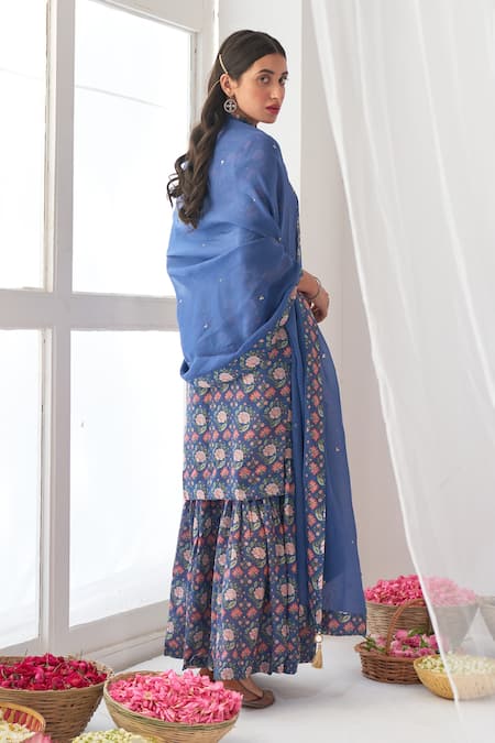 Shop Negra Elegante Blue Organza, Cotton Silk Digital Print, Mirror Work Peony Kurta Sharara Set at Aza Fashions Shop_Negra Elegante_Blue Organza, Cotton Silk Digital Print, Mirror Work Peony Kurta Sharara Set _at_Aza_Fashions