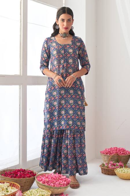 Negra Elegante Blue Organza, Cotton Silk Digital Print, Mirror Work Peony Kurta Sharara Set Online at Aza Fashions Negra Elegante_Blue Organza, Cotton Silk Digital Print, Mirror Work Peony Kurta Sharara Set _Online_at_Aza_Fashions