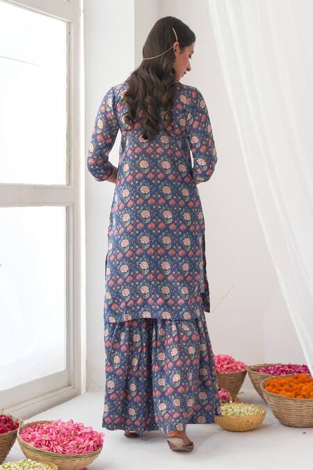 Shop Negra Elegante Blue Organza, Cotton Silk Digital Print, Mirror Work Peony Kurta Sharara Set Online at Aza Fashions Shop_Negra Elegante_Blue Organza, Cotton Silk Digital Print, Mirror Work Peony Kurta Sharara Set _Online_at_Aza_Fashions