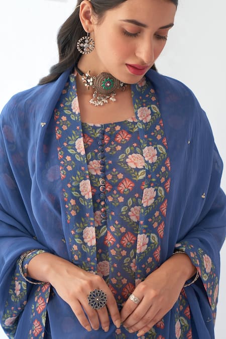 Negra Elegante Blue Organza, Cotton Silk Digital Print, Mirror Work Peony Kurta Sharara Set at Aza Fashions Negra Elegante_Blue Organza, Cotton Silk Digital Print, Mirror Work Peony Kurta Sharara Set _at_Aza_Fashions