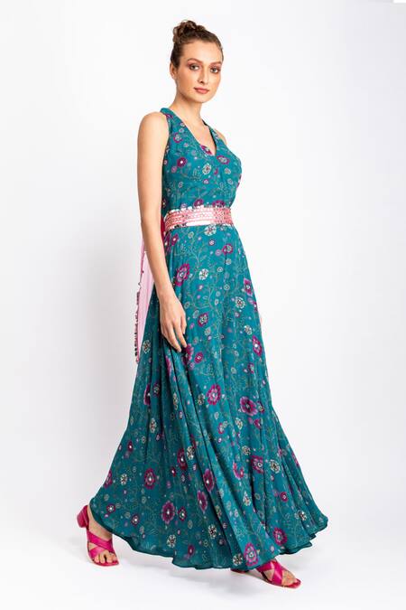 Prevasu_Blue Georgette, Belt Silk Logo, Sequin And Mirror Work Halter V Print Jumpsuit _Online_at_Aza_Fashions