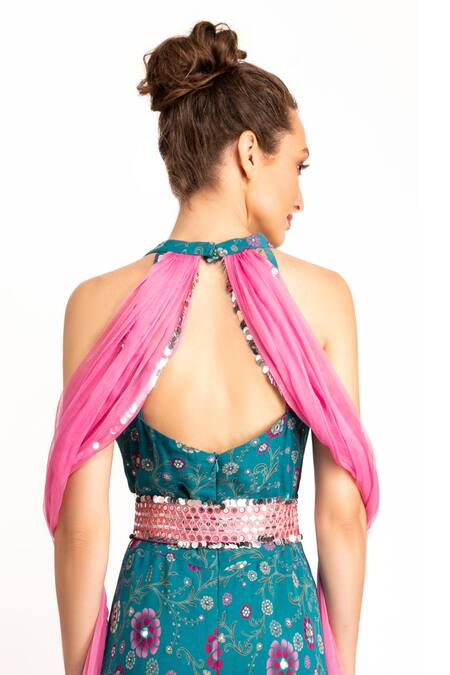 Buy_Prevasu_Blue Georgette, Belt Silk Logo, Sequin And Mirror Work Halter V Print Jumpsuit _Online_at_Aza_Fashions