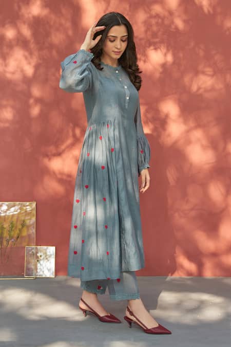 Naaz By Noor Grey Cotton, Organza, Chanderi Round Embroidered Anarkali And Pant Set Online at Aza Fashions Naaz By Noor_Grey Cotton, Organza, Chanderi Round Embroidered Anarkali And Pant Set _Online_at_Aza_Fashions