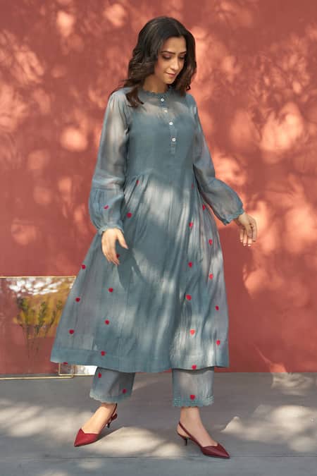 Shop Naaz By Noor Grey Cotton, Organza, Chanderi Round Embroidered Anarkali And Pant Set Online at Aza Fashions Shop_Naaz By Noor_Grey Cotton, Organza, Chanderi Round Embroidered Anarkali And Pant Set _Online_at_Aza_Fashions
