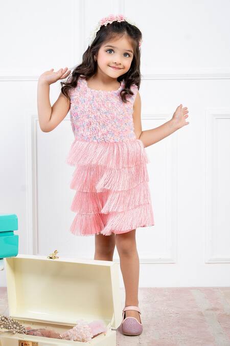 Hoity Moppet Pink Tulle Embroidery Tiered Fringe Dress Online at Aza Fashions Hoity Moppet_Pink Tulle Embroidery Tiered Fringe Dress _Online_at_Aza_Fashions