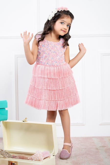 Buy Hoity Moppet Pink Tulle Embroidery Tiered Fringe Dress Online at Aza Fashions Buy_Hoity Moppet_Pink Tulle Embroidery Tiered Fringe Dress _Online_at_Aza_Fashions
